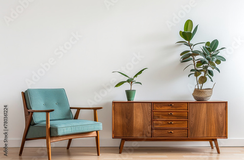  modern interior design in the Scandinavian style with a light teal armchair and walnut sideboard against a white wall, midcentury furniture,