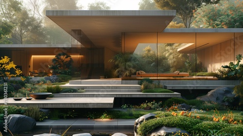 Modern House with Tropical Garden at Dusk photo