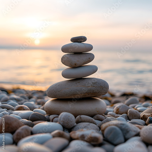 Balanced pebble pyramid silhouette on the beach with the ocean in the background, Zen stones on the sea beach, meditation, spa, harmony, calmness, balance concept