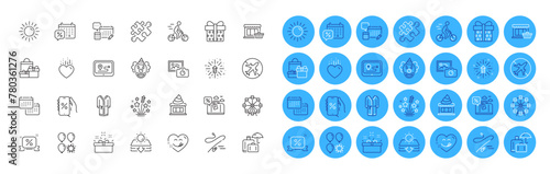 Sun protection, Photo camera and Yummy smile line icons pack. Present box, Fishing rod, Ice cream web icon. Discounts calendar, Gps, Airplane mode pictogram. Puzzle, Calendar, Balloon dart. Vector