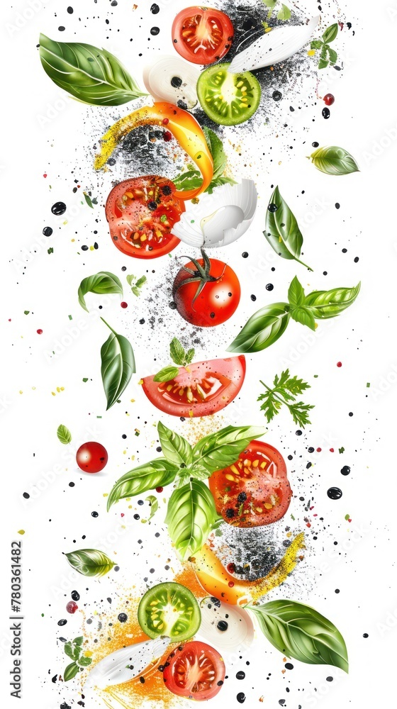 A realistic painting featuring fresh tomatoes and basil leaves arranged on a white background A realistic painting featuring fresh tomatoes and basil leaves arranged on a white background