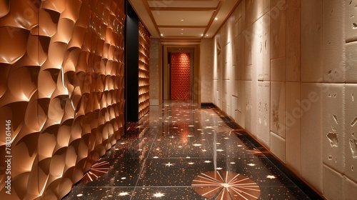 Modern Hotel Corridor with Stylish Wall Panels and LED Floor Lighting photo