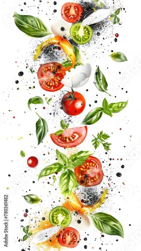 A realistic painting featuring fresh tomatoes and basil leaves arranged on a white background