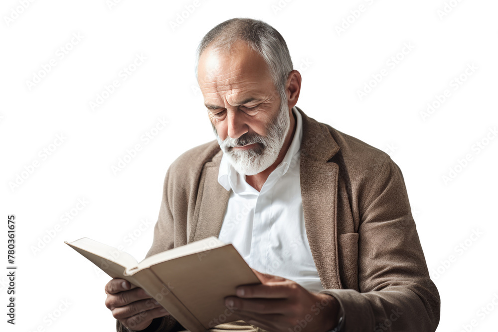 Middle-aged man reading a book. Peaceful, shady atmosphere.Isolated on transparent background. Middle-aged man reading a book. Peaceful, shady atmosphere.Isolated on transparent background.