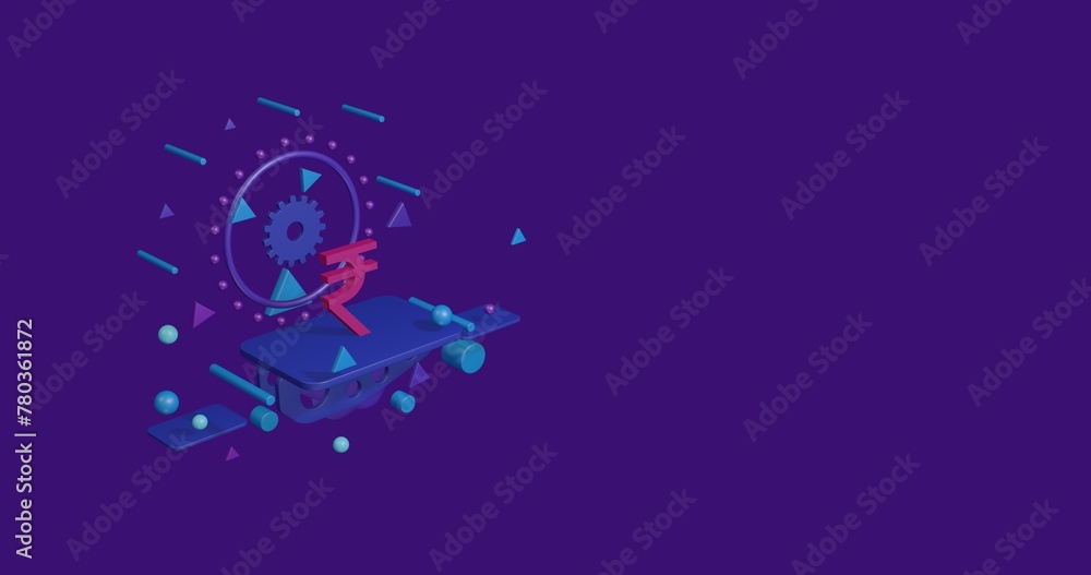 Pink indian rupee symbol on a pedestal of abstract geometric shapes floating in the air. Abstract concept art with flying shapes on the left. 3d illustration on deep purple background