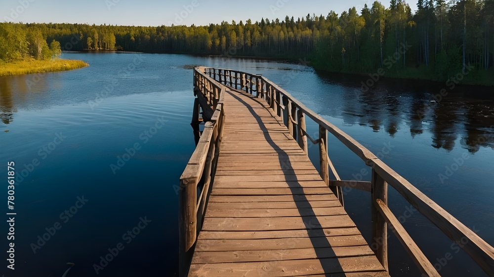 The Wooden Bridge Overlooking the Pristine Lake, A Wooden Bridge Connecting Land and Water in the Forest, Exploring the Calm Waters from the Wooden Bridge, Walking the Wooden Bridge Amidst Nature's