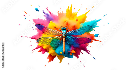 Multicolor powder paint explosion splashing a Dragonfly isolated on transparent background with splash. Dragonfly shaped dust explosion. holi paint Colorful powder paint explosion concept with animals