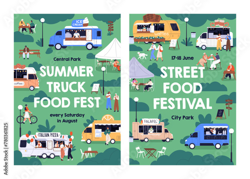 Summer street food festival, market posters. Outdoor holiday event with trucks and tiny people, inviting card, promotion flyer designs. City park fest, promo templates. Flat vector illustration © Good Studio