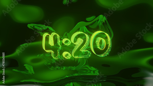 Electric 4:20 Dreamscape : Groovy light lines entwine a blazing neon "4:20," pulsating against a trippy dark green canvas. Dive into this electrifying psychedelic journey.