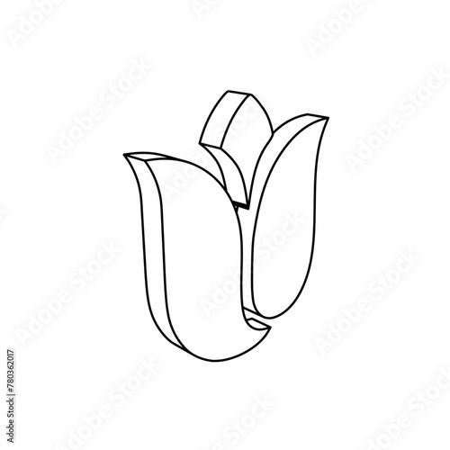 The outline of a large tulip is made with black lines. 3D view of the object in perspective. Vector illustration on white background