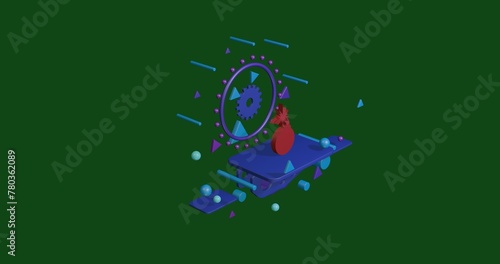 Red bomb symbol on a pedestal of abstract geometric shapes floating in the air. Abstract concept art with flying shapes in the center. 3d illustration on green background