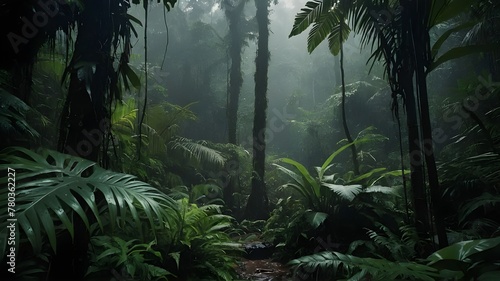 Exploring the Verdant Rainforest at Dawn, Tranquil Morning Scenes in the Rainforest, Morning Light Illuminating the Rainforest Canopy, Morning Walks Through the Serene Rainforest Landscape, Early Morn