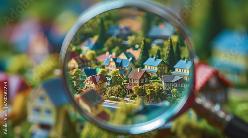 Looking at Quaint Houses Through Magnifying Glass Real Estate Concept