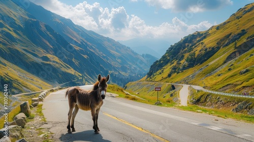 Funny donkey on Trans fagarasan road in Romanian mountains AI generated © MUCHIB