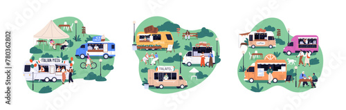 Tiny people relaxing at food trucks on summer street festival. Outdoor park event with mobile cafe vans. Holiday relaxation, weekend rest outside. Flat vector illustration isolated on white background © Good Studio