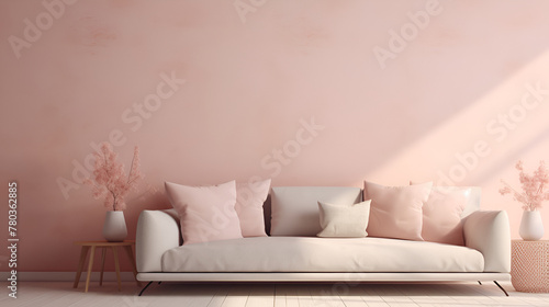 Interior of living room with pink sofa  The airy and bright living room features a comfortable  pink couch and modern decor  interior background house modern luxury living cushion decor simple pink 