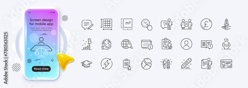 Write, Pound money and Job interview line icons for web app. Phone mockup gradient screen. Pack of Court judge, Square meter, Headshot pictogram icons. Vector
