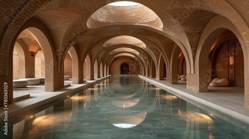 Modern Brick Archway Interior with Reflective Pool