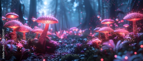 Mystical forest with neon mushrooms and flowers emitting surreal dreamlike glow. Concept Fantasy, Neon Mushrooms, Surreal, Dreamlike Glow, Mystical Forest