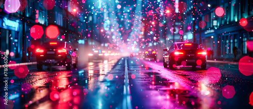 A Rainy Night Drive: City Streets Illuminated by Car Lights and Reflections, Evoking a Sense of Urban Melancholy photo