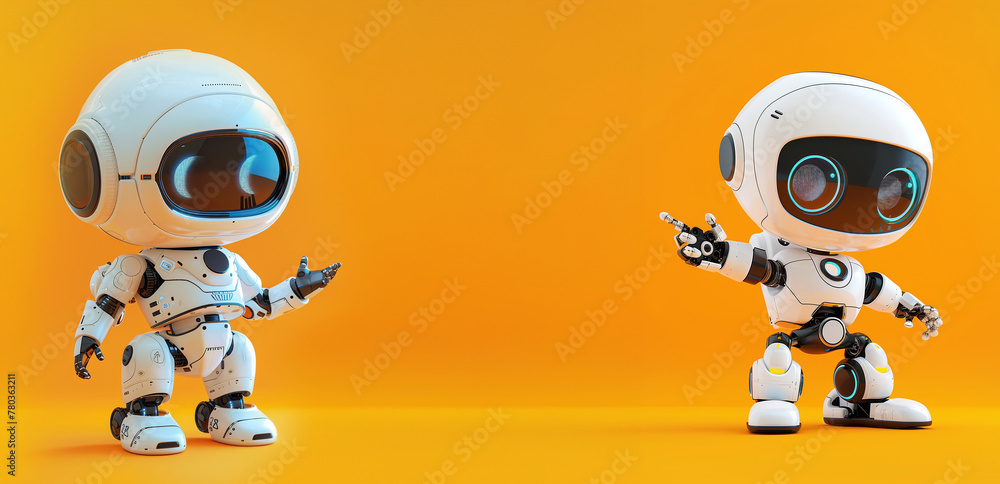 cute android robots pointing fingers at copy space on color background	
