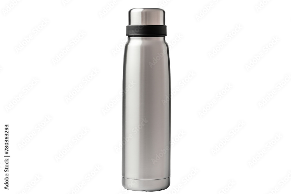 Stainless Steel Water Bottle With Black Lid. On a White or Clear Surface PNG Transparent Background. Stainless Steel Water Bottle With Black Lid. On a White or Clear Surface PNG Transparent Background.