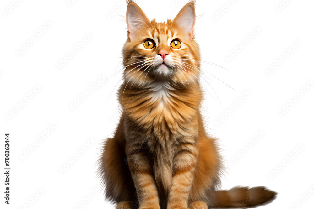 Beautiful white cat sitting isolated on white background, Maine Coon kitten with fluffy fur, cute and adorable portrait Beautiful white cat sitting isolated on white background, Maine Coon kitten with fluffy fur, cute and adorable portrait