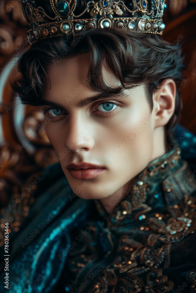 attractive masculine dark hair, blue eyes young man, he is prince or king with sensitive gaze, wearing crown, sitting on the throne, fictional character, romantic, fantasy historical book attractive masculine dark hair, blue eyes young man, he is prince or king with sensitive gaze, wearing crown, sitting on the throne, fictional character, romantic, fantasy historical book