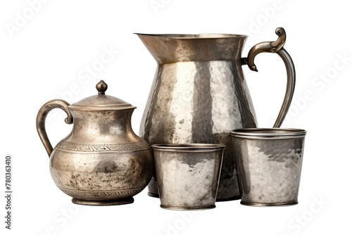 Silver Pitcher, Two Cups, and Pitcher. On a White or Clear Surface PNG Transparent Background.