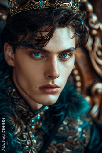 attractive masculine dark hair, blue eyes young man, he is prince or king with sensitive gaze, wearing crown, sitting on the throne, fictional character, romantic, fantasy historical book