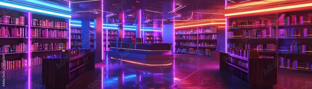 A conceptual and futuristic library illuminated with neon lights A conceptual and futuristic library illuminated with neon lights