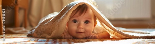 A curious baby peeking out from under a blanket in a sunlit room