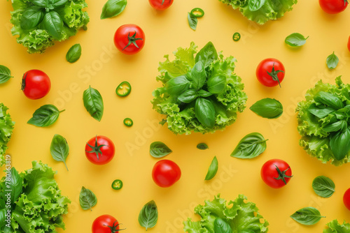 Abstract background with flying vegetables, salad leaves and tomatoes on a yellow colored background