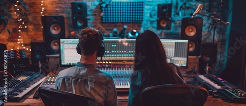 A man and woman enjoying a collaborative recording session in a professional studio.