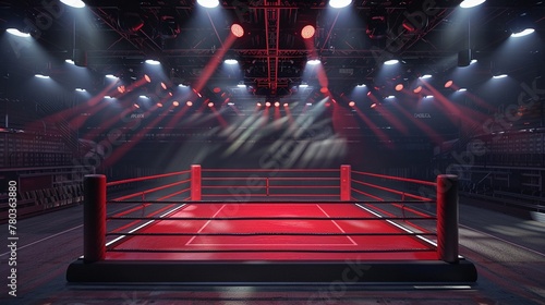 A red boxing ring bathed in spotlights awaits contenders in an atmospheric sports venue. © Creative_Bringer