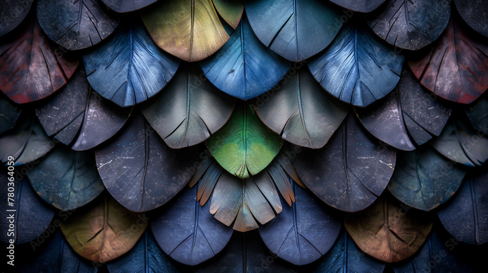 Fototapeta premium Extreme close up of fish scale texture in blue and emerald green tone