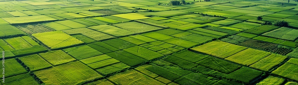 Aerial view of expansive green farm fields forming a beautiful agricultural pattern