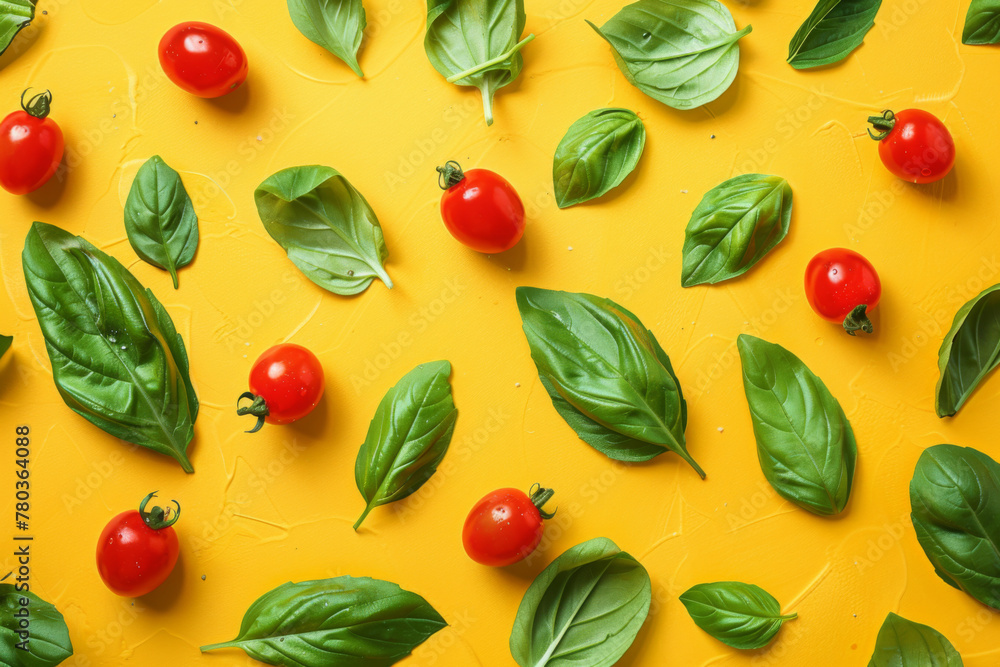 Abstract background with flying vegetables, salad leaves and tomatoes on a yellow colored background Abstract background with flying vegetables, salad leaves and tomatoes on a yellow colored background