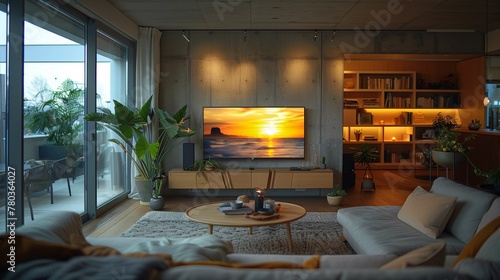 Wallpaper Mural Modern Living Room Interior at Twilight with Ocean Sunset on TV Torontodigital.ca