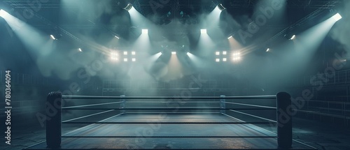 An empty boxing ring set in an arena with dramatic overhead lights creating a moody and atmospheric ambiance. photo