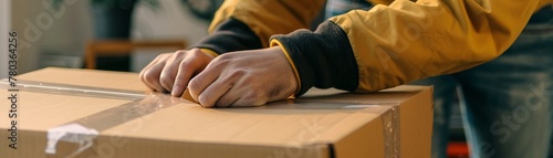 Hands of a person taping a cardboard box preparing it for shipment in a logistics process