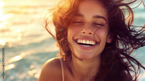 Joyful young woman with flowing hair laughing freely on a sunny beach photo