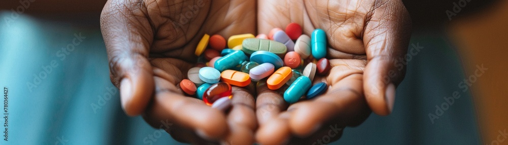 Two hands holding a collection of colorful pills and capsules Two hands holding a collection of colorful pills and capsules