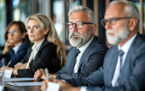 Business team of senior men and women sit at a table during a meeting in the office,DEI theme.