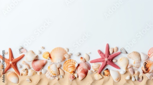 Seaside banner with seashells, corals, starfish on white sand summer travel concept