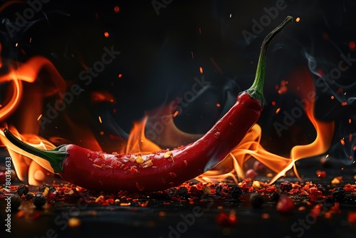 Red hot chili pepper burns on black background A flaming hot red chilli pepper on fire. Burning hot spicy chilli food 
