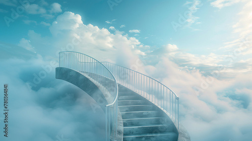 long curved staircase leading up to some beautiful modern style gates surrounded by clouds