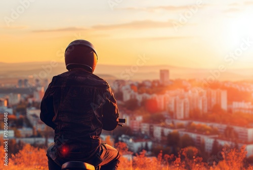 The silhouette of a young man in a helmet with a backpack on a mountain bike against the background of an evening sunset. View of the evening city at the foot of the mountain. Mountain biking. An acti photo