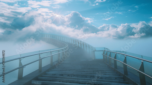 long curved staircase leading up to some beautiful modern style gates surrounded by clouds