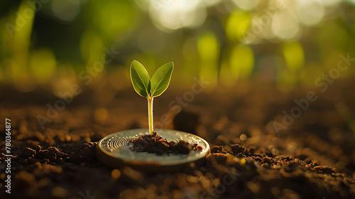 A seedling grows on a coin lying on the ground. Green investment concept, Increasing money to invest. AI generated photo